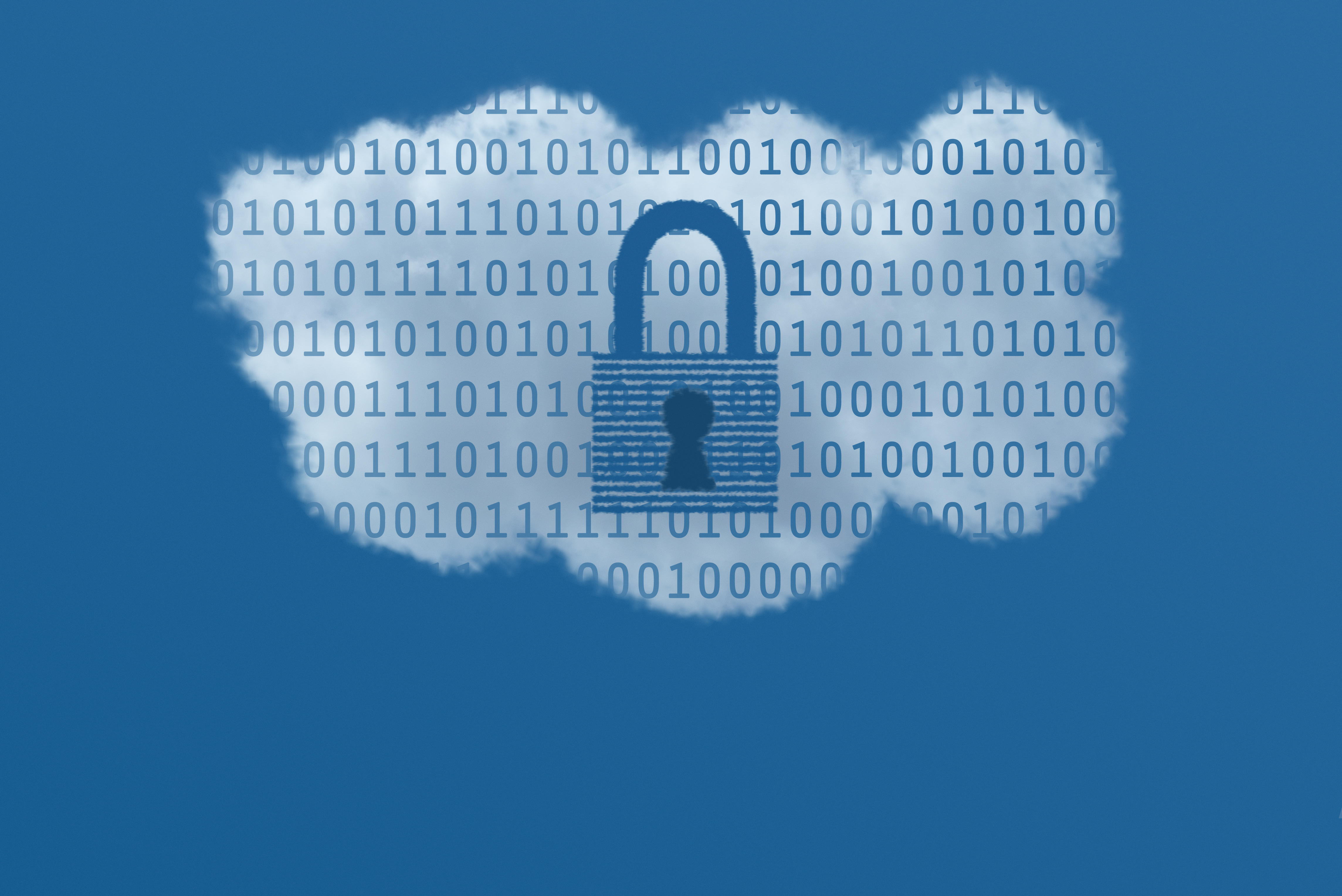 White cloud with binary data and a locked padlock with a keyhole