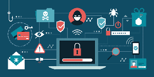 Illustration of cybersecurity- and hacker-related icons