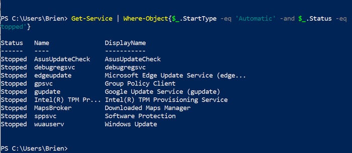PowerShell screenshot shows a shortened list of system services