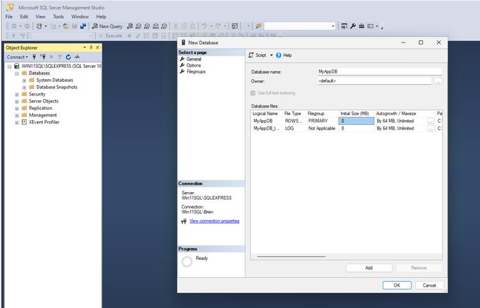 naming the database, in this case MyAppDB naming the database, in this case MyAppDB