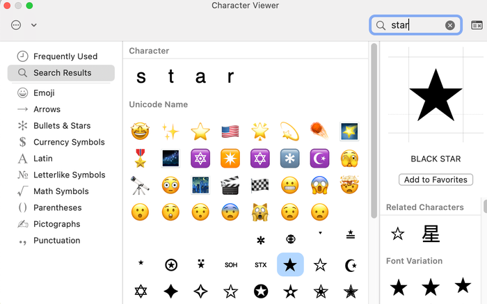 To insert a start symbol, open the Emoji & Symbols library by pressing and simultaneously holding the Control, Command, and Spacebar keys. To insert a start symbol, open the Emoji & Symbols library by pressing and simultaneously holding the Control, Command, and Spacebar keys.