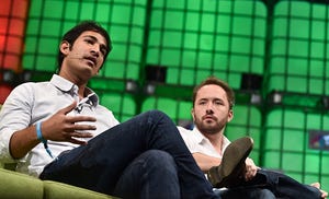 Dropbox CTO Aditya Agarwal, left, and Drew Houston, the company’s founder and CEO, speaking at a conference in 2014.