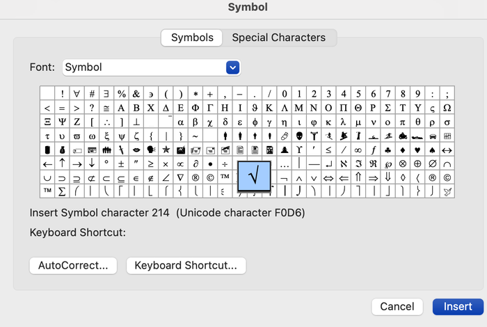 You can find the square root symbol in the Advanced Character library, which you can access under the Insert tab. 