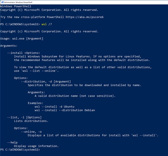 PowerShell screen shows WSL /? prompting the command syntax for WSL.exe