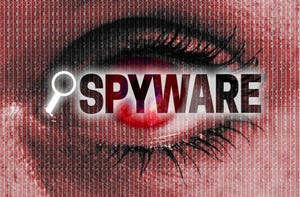 the words spyware and a magnifying glass icon over an open eye