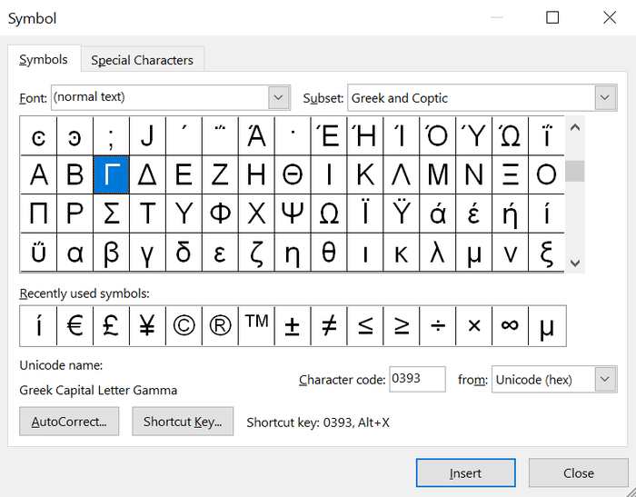 You can find the gamma symbol in the Advanced Symbols library in Microsoft Word.