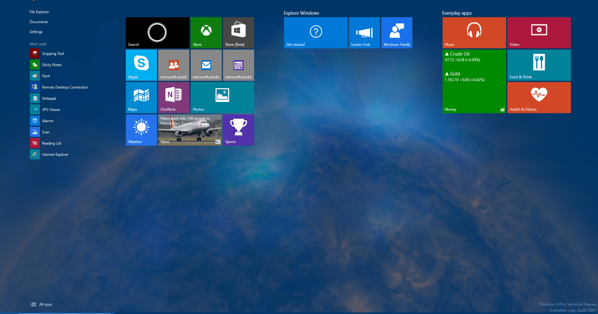 What the tweaked Start Screen transparency looks like in Windows 10