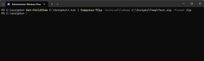 A PowerShell screenshot demonstrating the creation of a ZIP file 