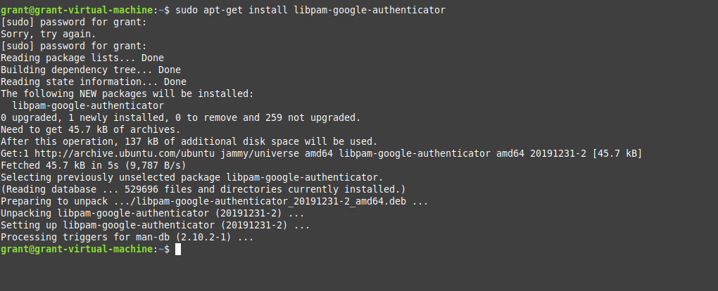 screenshot showing how to install Google Authenticator using APT