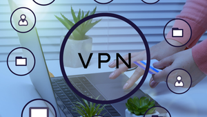 VPN icons and a person entering credit card numbers into laptop