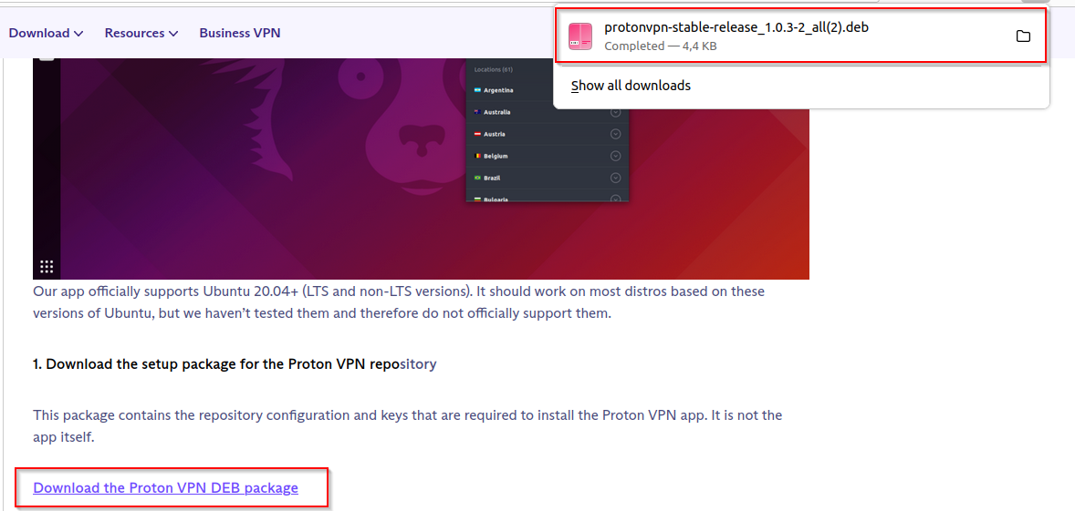 shows option to download .deb package option for Ubuntu distribution