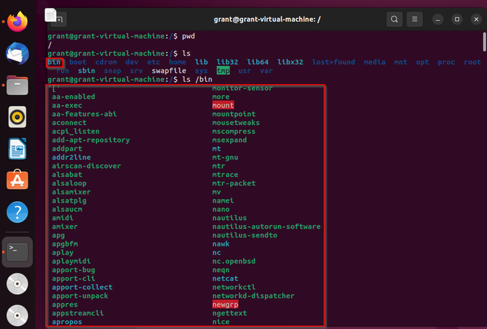 shows the contents of the /bin directory shows the contents of the /bin directory