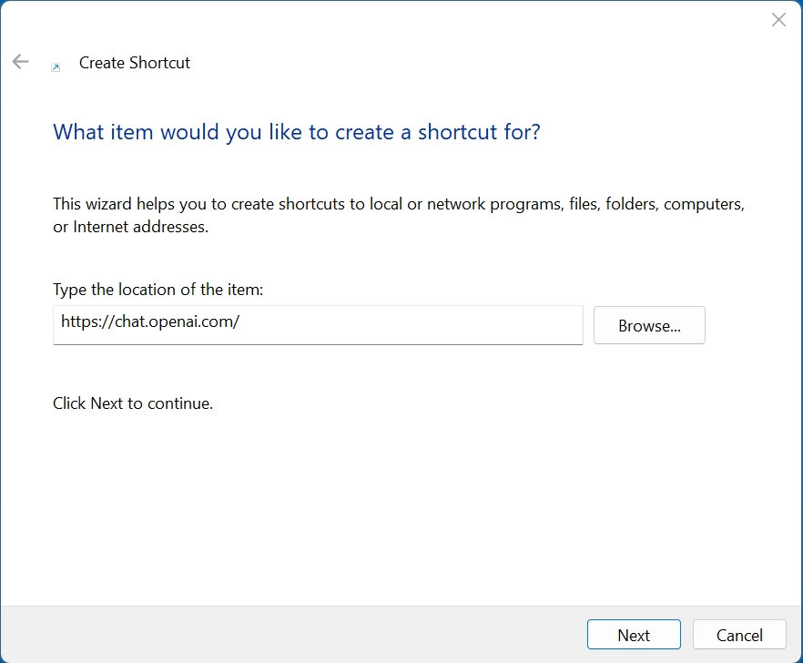 screenshot of a create shortcut box with the chat.openaI.com url typed in as the location of the item