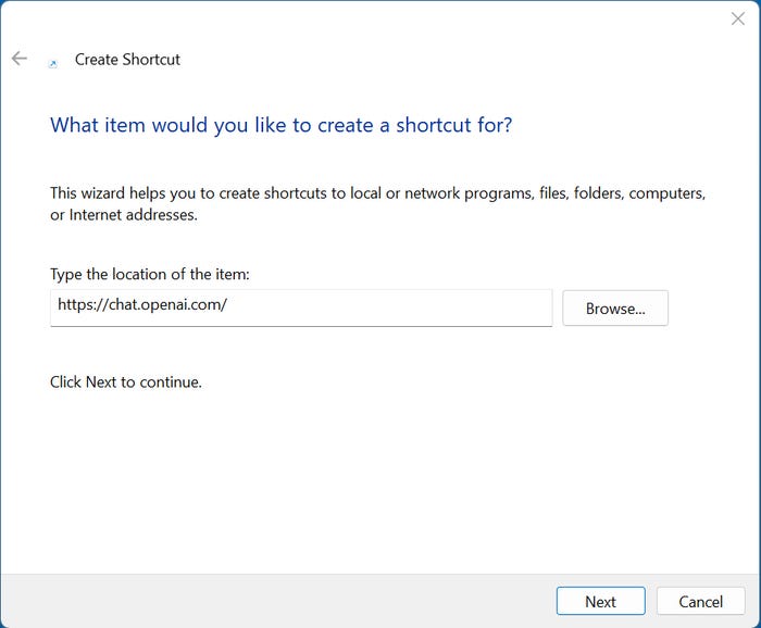 screenshot of a create shortcut box with the chat.openaI.com url typed in as the location of the item screenshot of a create shortcut box with the chat.openaI.com url typed in as the location of the item