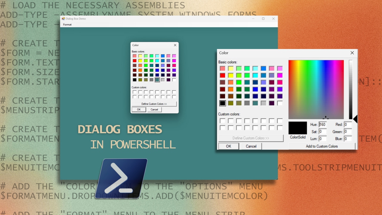 a collage with a window showing a color picker, an expanded color picker box, and the powershell logo a collage with a window showing a color picker, an expanded color picker box, and the powershell logo
