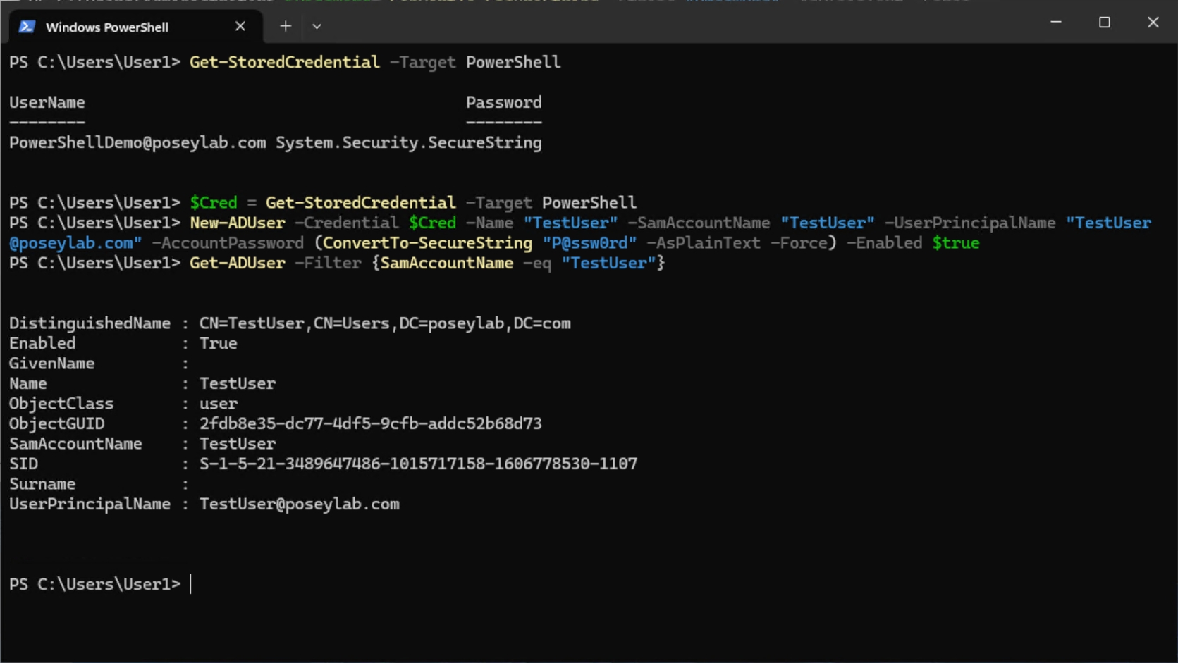 PowerShell screenshot shows a new Active Directory account has been created