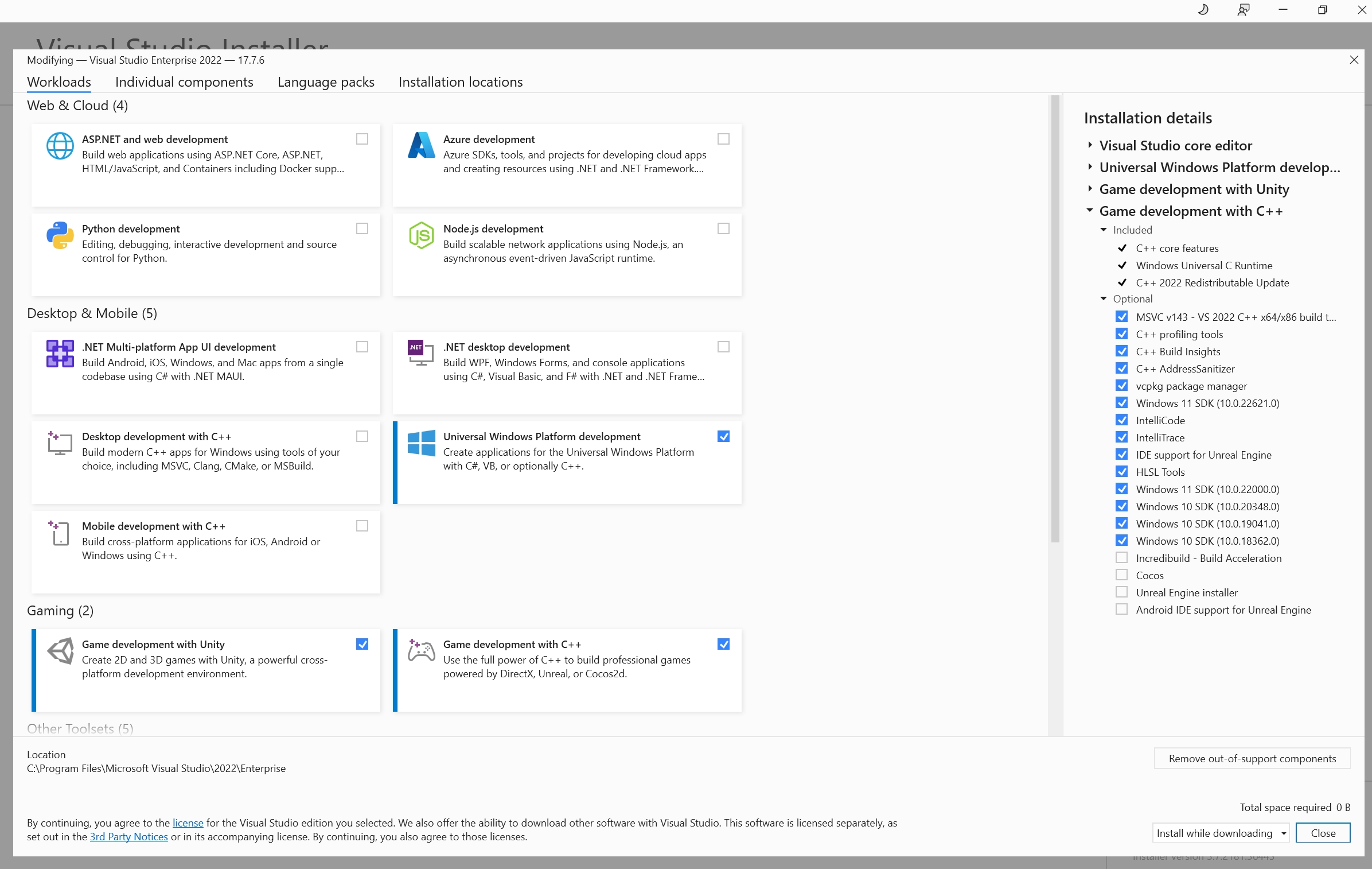 screenshot of Modifying Visual Studio window