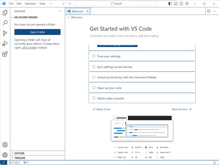 A screenshot shows the Add a Folder link during a Visual Studio Code setup process