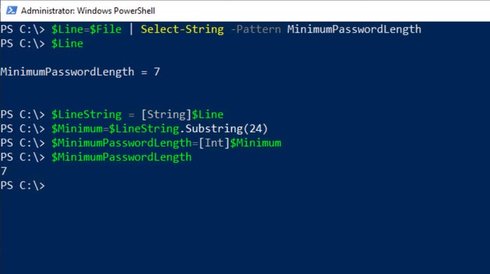 showing PowerShell commands for extracting the minimum required password length showing PowerShell commands for extracting the minimum required password length