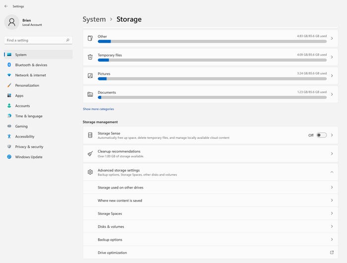 screenshot of Windows 11 storage-related settings