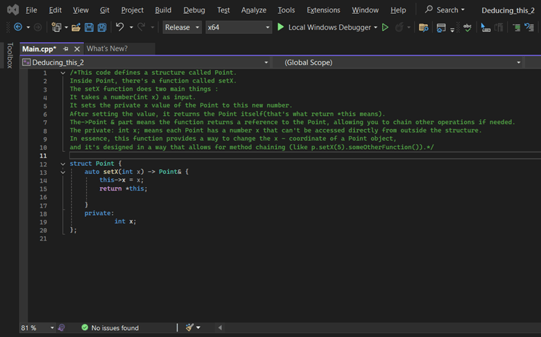 Deducing this in action in Visual Studio 2022 Deducing this in action in Visual Studio 2022