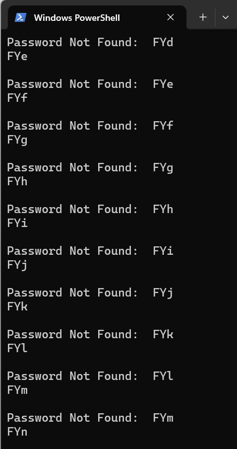 The screenshot shows a PowerShell script cycling through possible password combinations The screenshot shows a PowerShell script cycling through possible password combinations