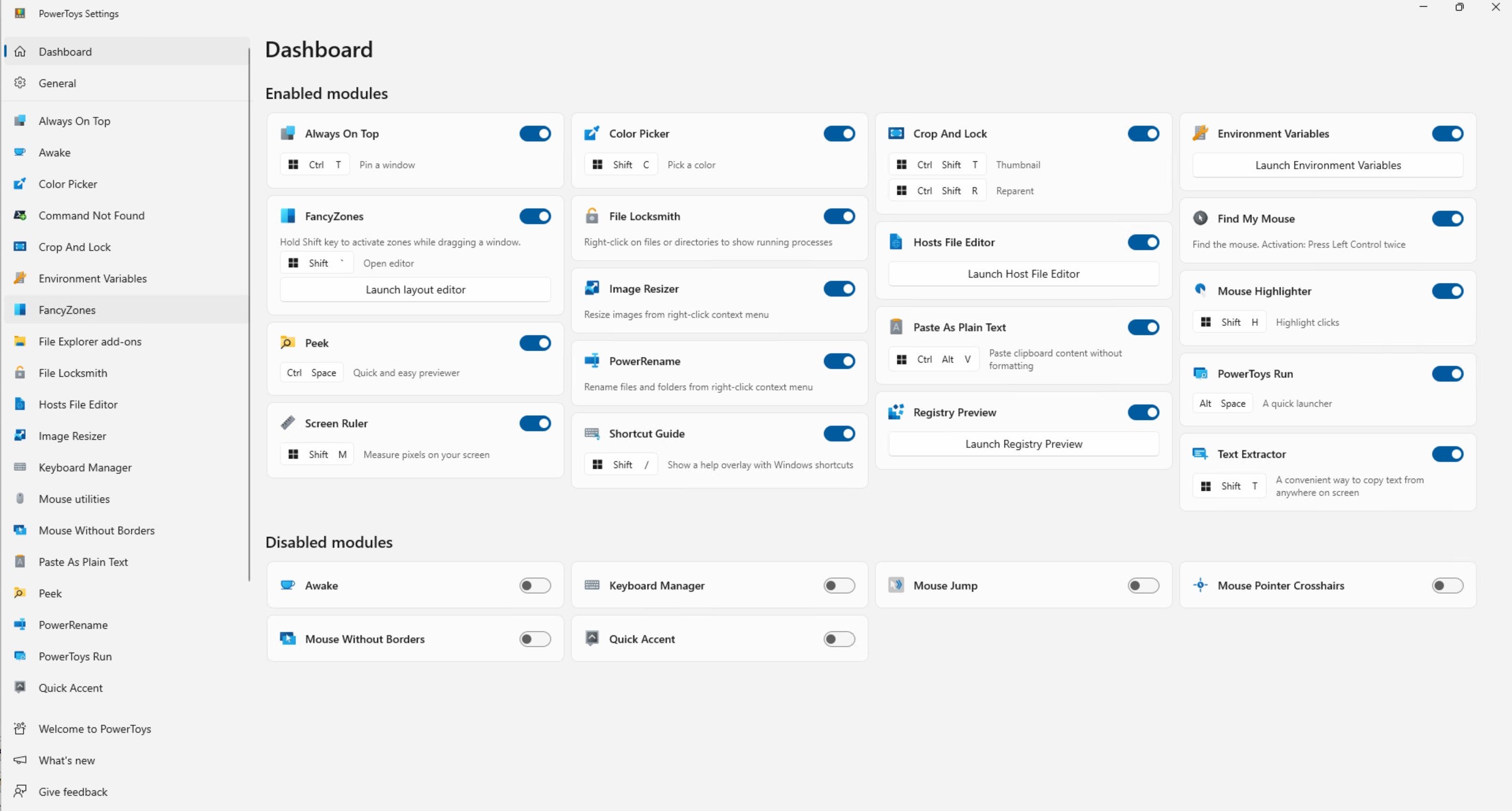 Showing the Open Settings screen where you can enable or disable PowerToys