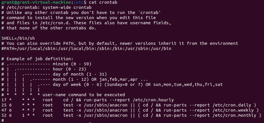 linux terminal screenshot showing an example of an Ubuntu system’s crontab contents linux terminal screenshot showing an example of an Ubuntu system’s crontab contents