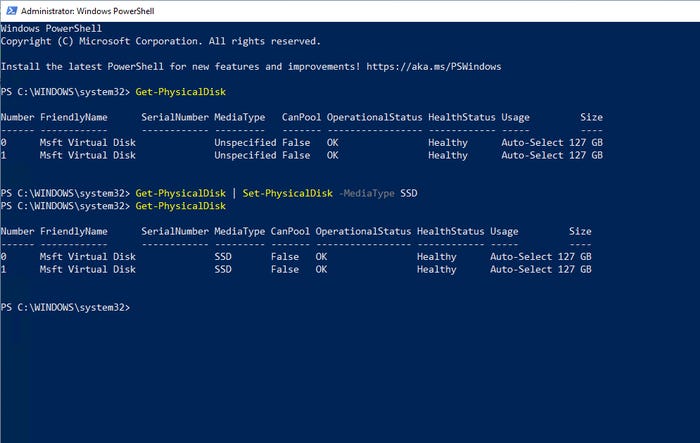 Screenshot of PowerShell session showing the MediaType changed to SSD