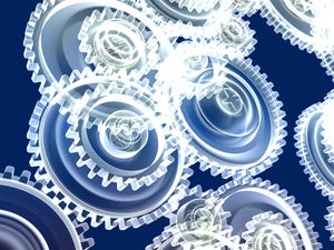 3D illustration of gears in white and blue colors