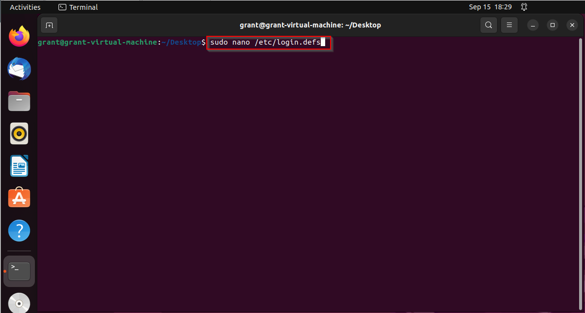 Showing the /etc/login.defs file about to be opened in Nano