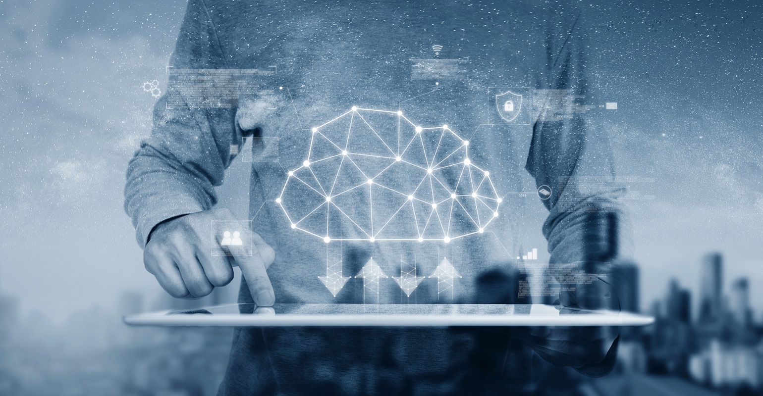 Businessman using digital tablet with cloud technology icon