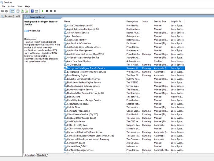 screenshot showing Background Intelligent Transfer Service is running screenshot showing Background Intelligent Transfer Service is running