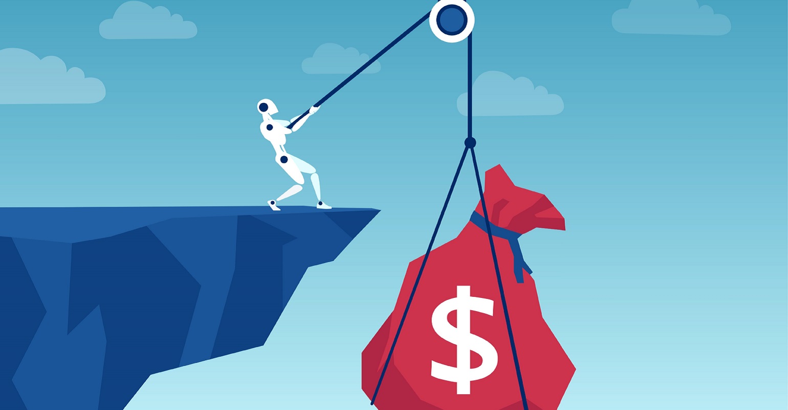 robot using a pulley to pull up a bag of money