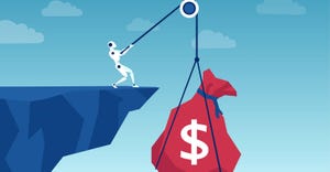 robot using a pulley to pull up a bag of money robot using a pulley to pull up a bag of money