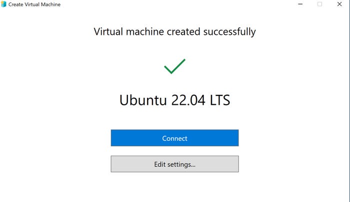 screen says Ubuntu virtual machine has been successfully created 