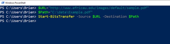 Screenshot shows BITS transfer used to download a file in PowerShell