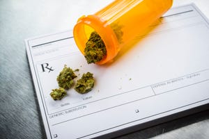 Medical marijuana in a pill canister spills onto an RX pad