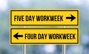 Five day workweek or four day workweek road sign Five day workweek or four day workweek road sign