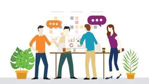 stand-up meeting around a desk stand-up meeting around a desk