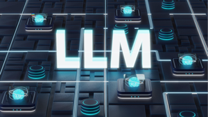the letters "LLM" in front of a neural network infrastructure in a cloud data center