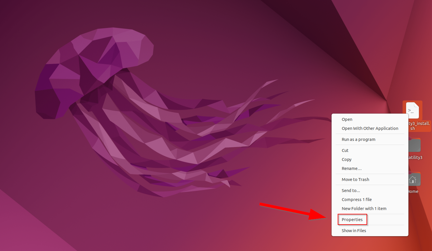 Linux screenshot shows the properties option on the shortcut menu