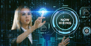 woman working on a virtual screen with the words "Now Hiring" woman working on a virtual screen with the words "Now Hiring"