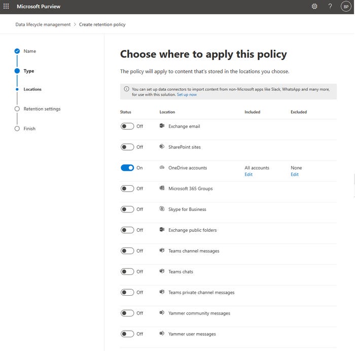 The retention policy is applied to OneDrive accounts