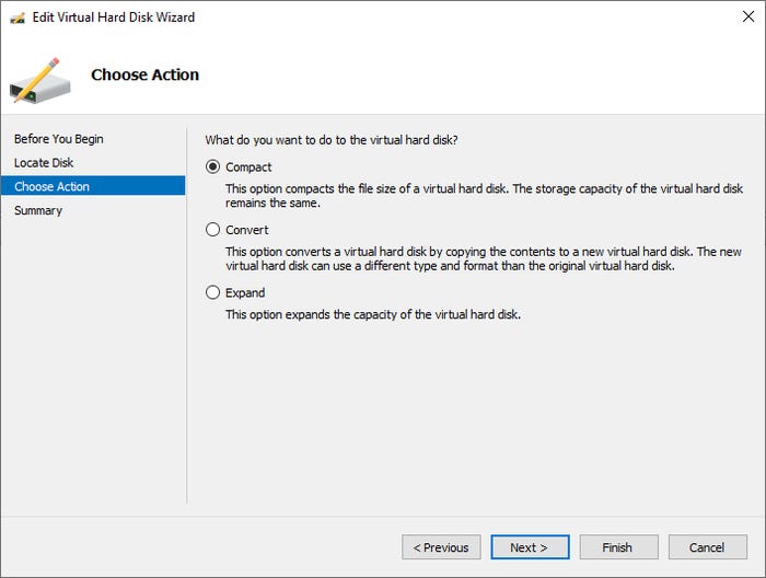 Screenshot of Edit Virtual Hard Disk Wizard with Compact option selected