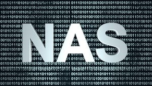 NAS written in 3D text against a binary code background