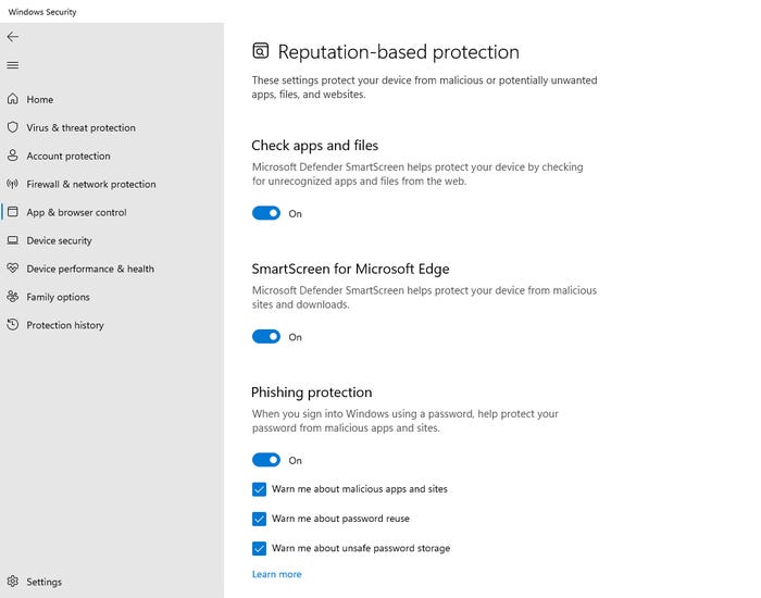 Screenshot of Windows 11 Phishing Protection Settings