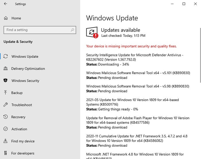 Screenshot of Windows 10 Windows Update screen