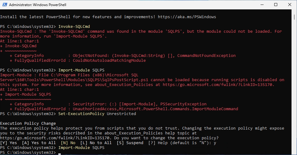 PowerShell screenshot shows setting the execution policy to unrestricted