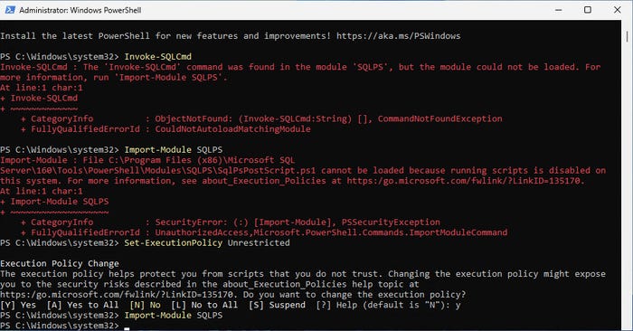 PowerShell screenshot shows setting the execution policy to unrestricted PowerShell screenshot shows setting the execution policy to unrestricted